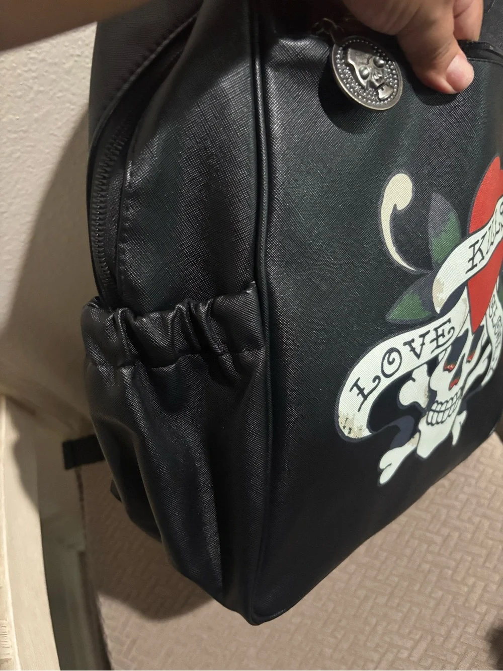 Ed Hardy Unisex Black Backpack with Red Heart and White Skull Graphic